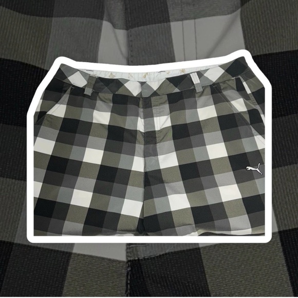 ➕Puma Shorts Men Plaid Grey Olive  36 Golf casual C1-018 - Picture 1 of 6
